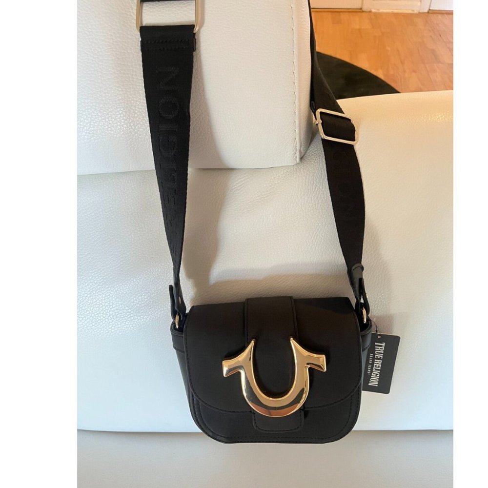 NWT TRUE RELIGION MINI FLAP CROSSBODY BAG BLACK HORSESHOE PURSE